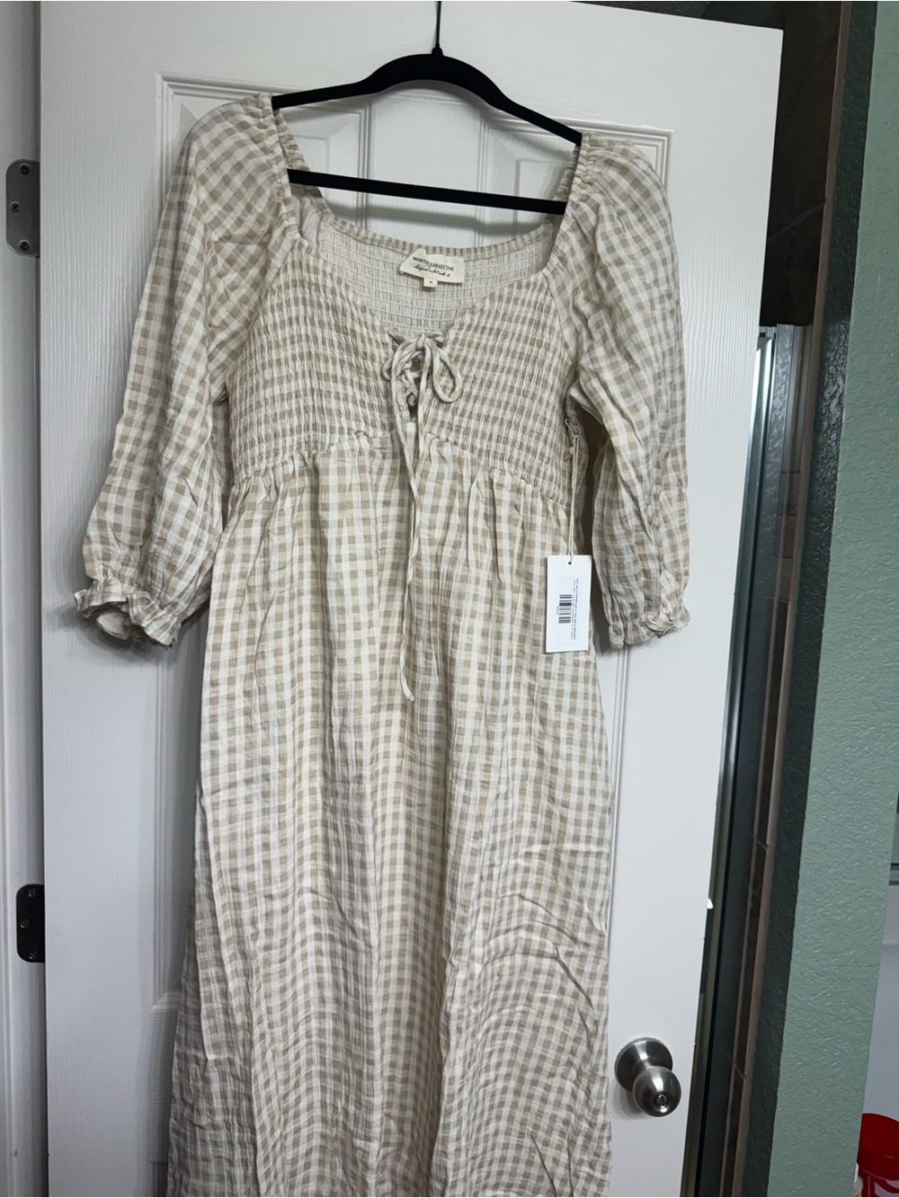 Beige Gingham Maxi Dress with Tie Front